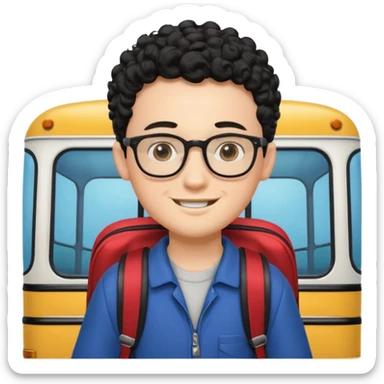 A young boy DEVELOPER WITH A backpack, black curly short hair, wearing glasses, a thin goatee, his skin is white, riding a scholar bus sticker