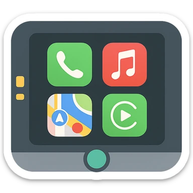 Apple CarPlay interface in a car, modern dashboard, vibrant colors, icon style sticker