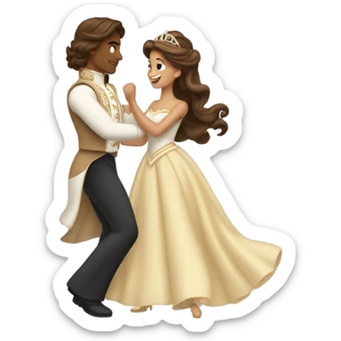 a princess with long brown hair and tan skin  dancing with a prince sticker