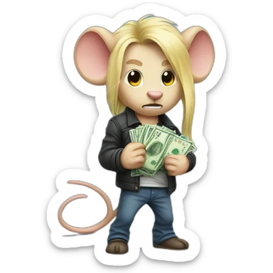 Angry Rat standing up with long blond hair holding money sticker