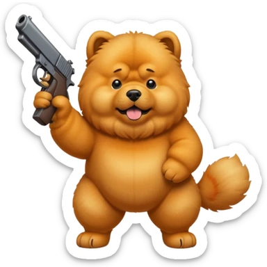 Funny cartoon-style chow chow dog standing on its hind legs and holding a gun menacingly sticker