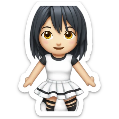 Frontal view curvy emo girl sits white skirt striped stockings hands up sticker