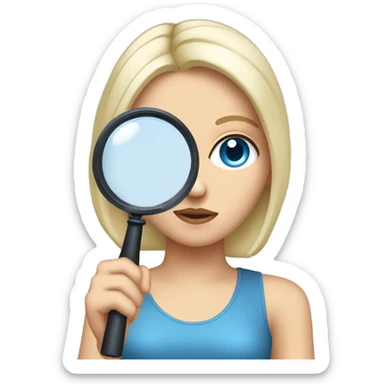 white girl with black hair and blue eyes holding a magnifying glass and suspisouce look sticker