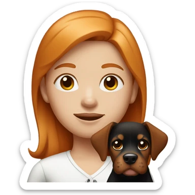 a ginger girl holding a black and brown dog with white mark above his nose sticker