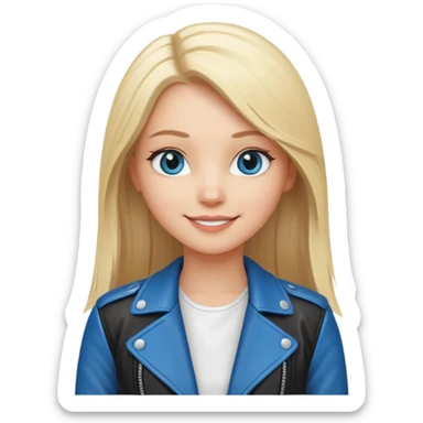 A white girl with long straight blonde hair, blue eyes and a white dress with a smiling black jacket sticker