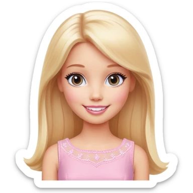 A cheerful Barbie-like girl with long, straight blonde hair, a warm smile, and a delicate pink dress, set against a soft pastel background sticker