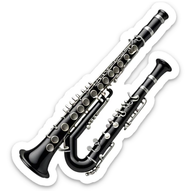 Create an emoji, representing a black standard clarinet. The design should feature a smooth, glossy black body of the clarinet with shiny, silver keys clearly visible. Highlight the intricate details of the mouthpiece and reed at the top, while the body of the instrument should remain simple and elegant. Add subtle musical notes or soundwaves floating around the instrument to symbolize its clear, melodic sound. Use black for the body, silver for the keys, and soft lighting effects to give the instrument a polished, sophisticated look. The background should be transparent. sticker