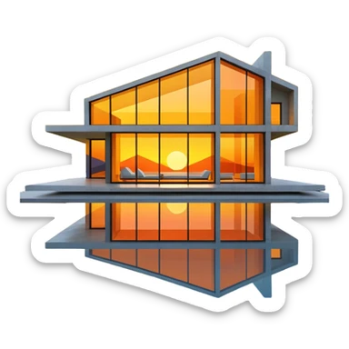 minimalist modern villa, geometric shapes, sunset reflection in windows, yellow and orange sticker