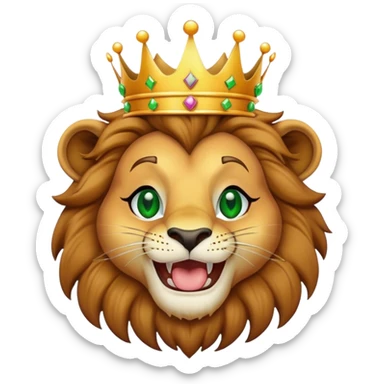 Lion with a crown and makeup and green eyes laughing  sticker