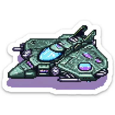 A pixel art style space cruiser with a steampunk aesthetic, metallic textures, and intricate mechanical details. sticker