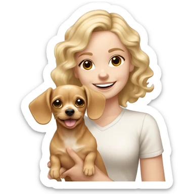 White girl with wavy blonde hair holding a beige chihuahua dachshund cocker spaniel mix happy with shorter ears sticker