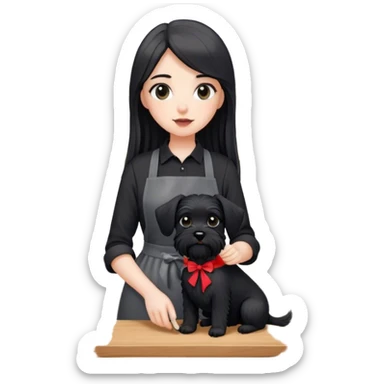 pale girl with long back hair wearing black long shirt wearing apron holding black  schnauzer sticker