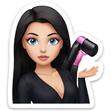 Glamours, tanned, beautiful, girl, with blue eyes, big pump peach-beige-rose lips, eyeliner, long lashes, black straight smooth silky long hair, parting hair in the middle,  in black v-neck bodysuit long sleeves sticker