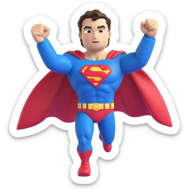 Superman as a 3D emoji, highly detailed and expressive, in a powerful flying pose, blue suit, red cape, yellow 'S' emblem, muscular, chiseled jaw, signature hair curl, dramatic clouds and sunlight, vibrant, shiny, high definition sticker