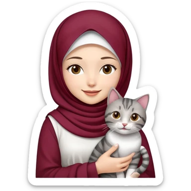 Asian white girl wearing  maroon hijab with white dress holding a black grey tabby cat while smiling sticker