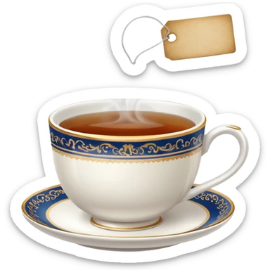 Teacup with steam rising and tea bag tag hanging down over the edge of the teacup sticker
