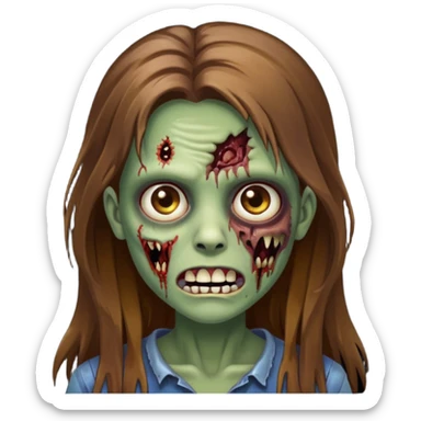Girl zombie with brown long hair with teeth and serious face IOS style sticker