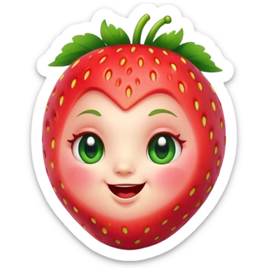 Cinematic plump happy strawberry, glossy bright red, tiny round eyes and blushing cheeks, green leafy top slightly tilted, cheerful and charming. sticker