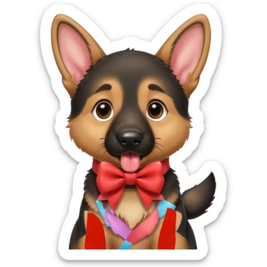 German shepherd puppy with the tonge out, with a bow in the neck, like a gift.  sticker