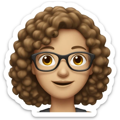 white skin woman with brown curly hair she has glasses and a smiley face sticker