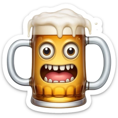 A wobbly beer tankard with eyes and teeth like a mimic monster, overflowing with beer sticker