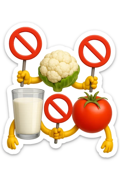 emoji stile iphone di un BICCHIERE DI LATTE CAVOLFIORE E POMODORO CHE FLUTTUANO IN ARIA VERTICALMENTE CON DIVIETI IN MANO, iperrealistico 4k, isolato su sfondo bianco sticker