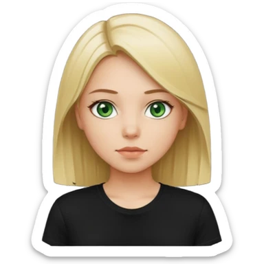 Girl with green eyes, blonde with straight hair to the chest in a black t-shirt sticker