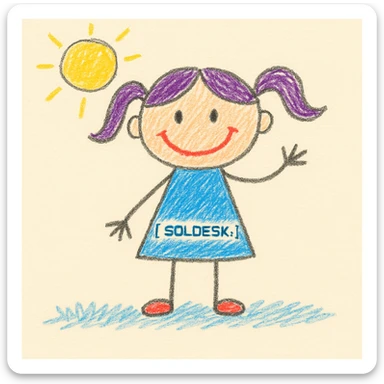 Add the SOLDESK logo to the character's shirt, keep the children doodle style, preserve the original background. sticker