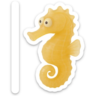 Make the seahorse a natural color (e.g., yellow or orange), more transparent and see-through, retro 90's toy style, derpy eyes, no tag, no background, soft plastic, soft reflections, soft and squishy, some cloudiness, not shiny, highly detailed, appealing. sticker