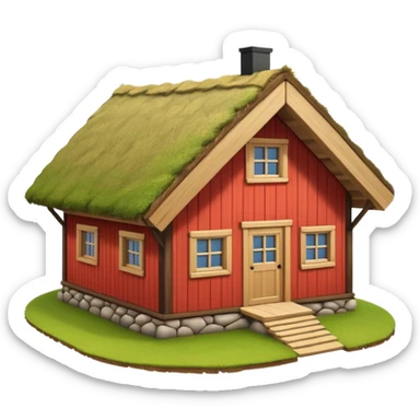 traditional Norwegian house with wooden walls, sod roof, minimal details, emoji style sticker