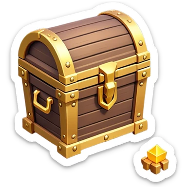 Clash of Clans aesthetic: Cinematic Playful 3D Isometric Treasure Chest Emoji, rendered in a 3D vector-style similar to standard emojis with minimal shading and bold, simplified shapes. A compact, distinct form with signature details, softly glowing with a fantasy RPG magic charm. Simplified yet unmistakably iconic, highly detailed and consistent, glowing with a soft radiance and high shine. Stylized with a touch of heroic grandeur and a soft glowing outline, capturing the essence of a beloved gaming relic with a friendly, playful manner! sticker