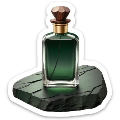 A masculine fragrance bottle featuring a gradient of deep forest green to charred black glass. The cap is made of dark walnut wood. The bottle is placed on a jagged piece of slate rock with a faint mist in the background. Earthy, moody, textured, photorealistic. sticker