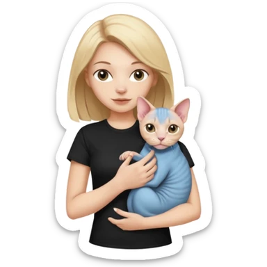 A white girl with light hair in black T-shirt is holding a Sphynx girl cat in her arms sticker