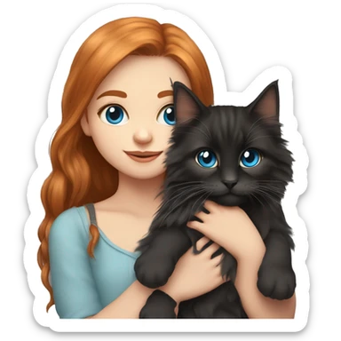 Cute girl with long ginger hair and blue eyes Holds in her arms Black Maine coon sticker