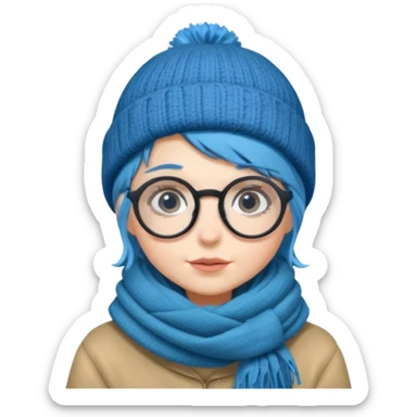 A shy blue straight hair woman with big round glasses and thick scarf and a beanie, blushing from the cold. sticker