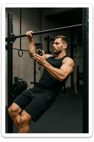 uomo che fa Muscle up e si sta filmando di lato con il telefonino che lo riprende mentre si allena, così da analizzarsi dopo sticker