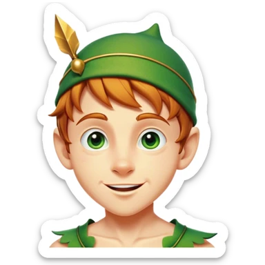 Cinematic Realistic Peter Pan Portrait, head tilted dramatically with an exaggeratedly amused expression, featuring sparkling eyes filled with playful mischief. His iconic outfit is rendered in vivid detail with dynamic shadows, capturing the delightful interplay of bravery and whimsy that defines his timeless character. sticker