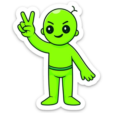 Hilarious green mutant with three arms making peace signs sticker