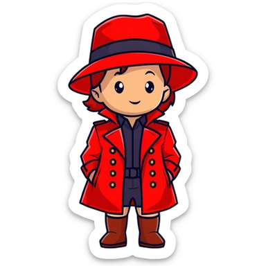 Baby Carmen Sandiego in red trench coat and hat, cute detective sticker