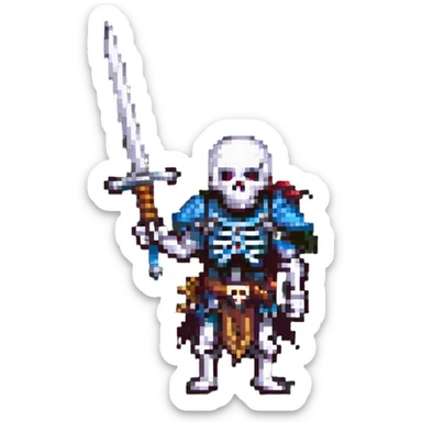 pixel art skeleton warrior wielding a sword, classic RPG look sticker