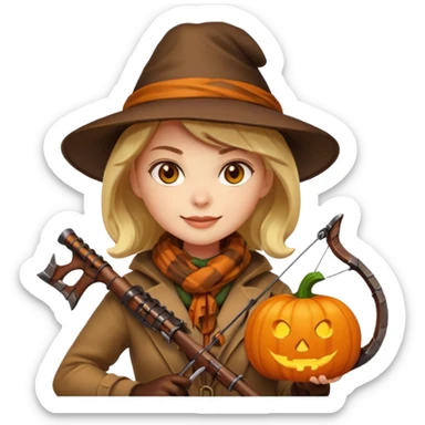 female human monster hunter emoji, wearing brown coat and hat, holding crossbow, soft smile, scarf, glowing pumpkin by her side, Halloween fantasy style, clean vector Apple emoji look, bright colors, white background, square sticker