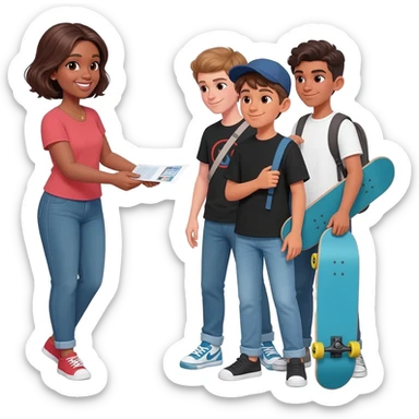 mujer de 45 años entregando folletos y hablando con grupo de adolescente vestido con jean y remera negra o blanca. alguno puede tener gorra, otro cartera, otro patineta sticker