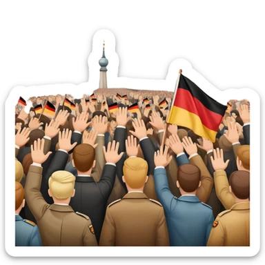 group of protesters, some waving East and West German flags, Berlin Wall behind, 1950s and 60s sticker