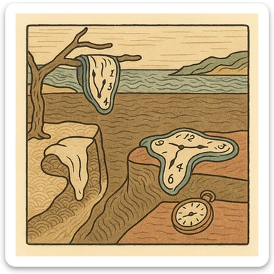 melting clock, inspired by Dali's Persistence of Memory, ukiyo-e style sticker