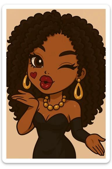 Headshot of a 20-year-old anime Bratz style woman with dark skin, curly hair, winking and blowing a kiss, glamorous evening wear, big expressive eyes, glossy lips, happy expression, no hat, no tears. sticker