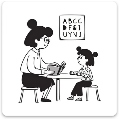 educator or speech therapist with child, who helps child with lessons sticker