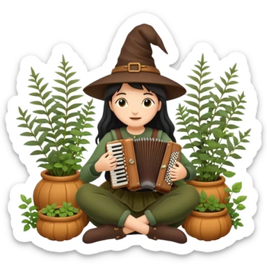 cozy woodland witch woman playing small accordion, surrounded by herbs sticker