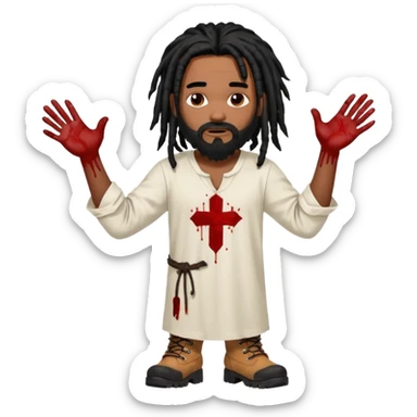 African American man with shoulder length black dreadlocks with black beard wearing a white tunic with blood on it wearing timberland boots with hands out sticker