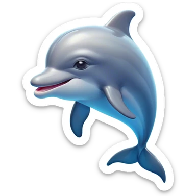 Cinematic Cute Bottlenose Dolphin Portrait Emoji, Head tilted playfully and inquisitively, featuring a charming, shiny glossy body with smooth, gleaming skin and round, sparkling eyes full of playful wonder, Simplified yet irresistibly adorable features, highly detailed, glowing with a warm, inviting aquatic glow, high shine, affectionate and lively, stylized with a touch of whimsical marine charm, soft glowing outline, capturing the essence of a mischievous yet endearing dolphin that seems as if it could splash out of the screen into your arms! sticker