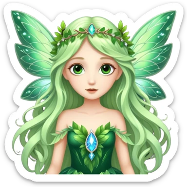 CGI, ultra detailed Forest fairy with long flowing hair, large shinning eyes, and beautiful jewel like luminescent wings. She is wearing a gorgeous gown of leaves. The image is so lifelike it could leap off the page at any moment sticker